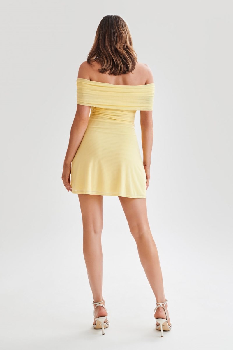 Women's Meshki Josie Off Shoulder Mesh Mini Dress Lemon Australia | S6C-2033