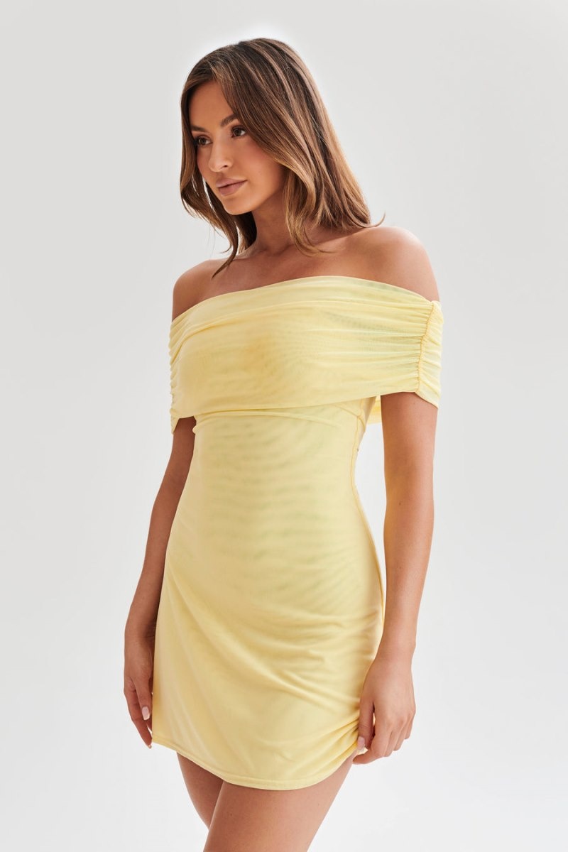 Women's Meshki Josie Off Shoulder Mesh Mini Dress Lemon Australia | S6C-2033