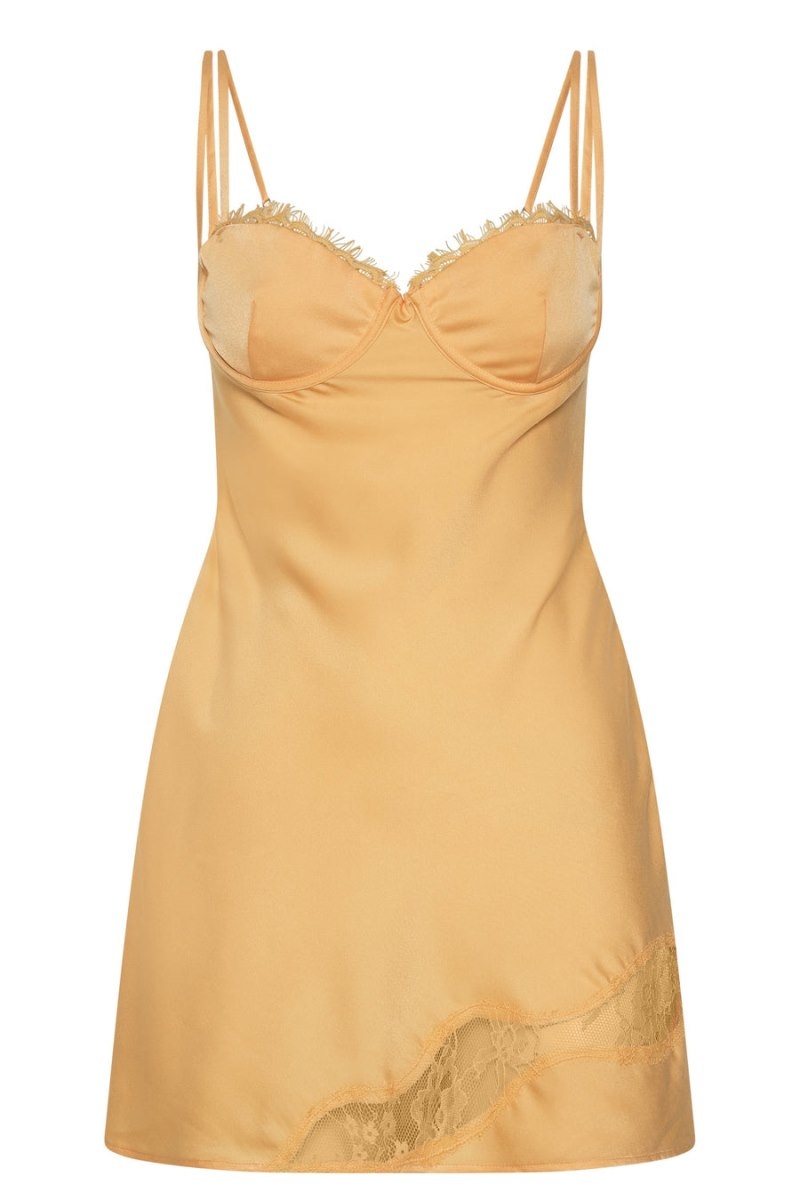 Women's Meshki Joslyn Satin Lace Slip Mini Dress Lemon Australia | J0T-2902