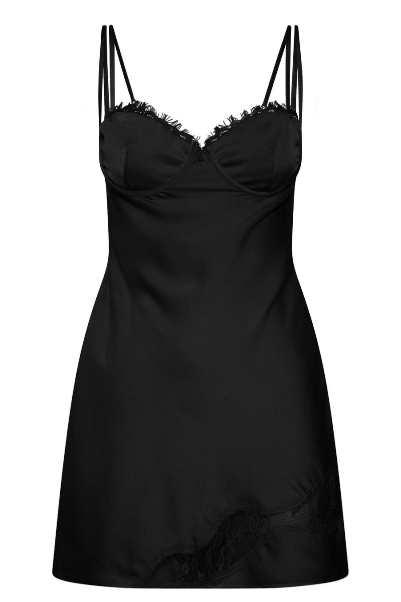 Women's Meshki Joslyn Satin Lace Slip Mini Dress Black Australia | E4K-8742