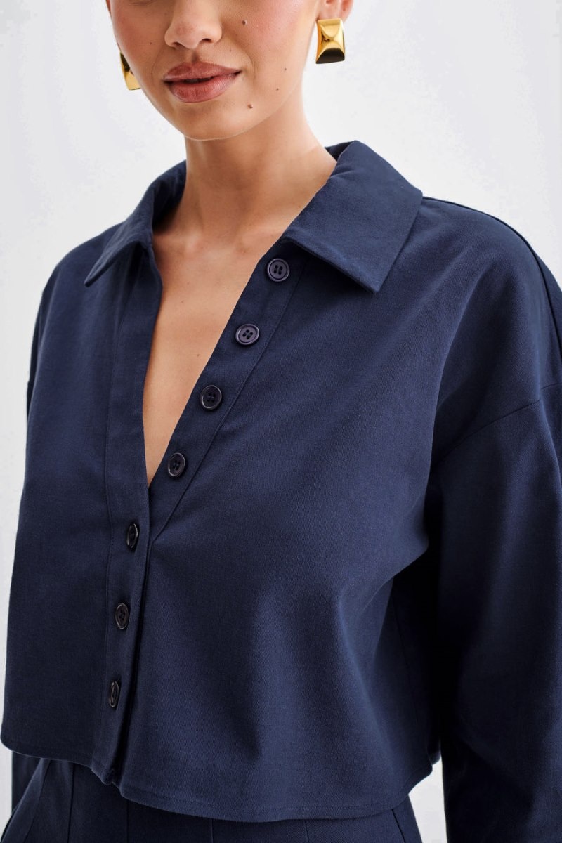 Women's Meshki Julianna Cotton Button Up Shirts Navy Australia | F9L-9612