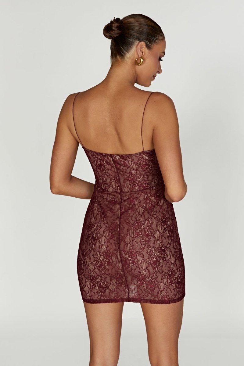 Women's Meshki Juliet Lace Mini Dress Dark Red Australia | J8Q-0492