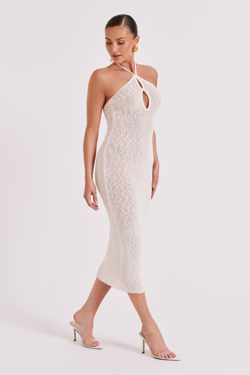 Women's Meshki Kahali Boucle Halter Midi Dress Cream Australia | L8J-5437