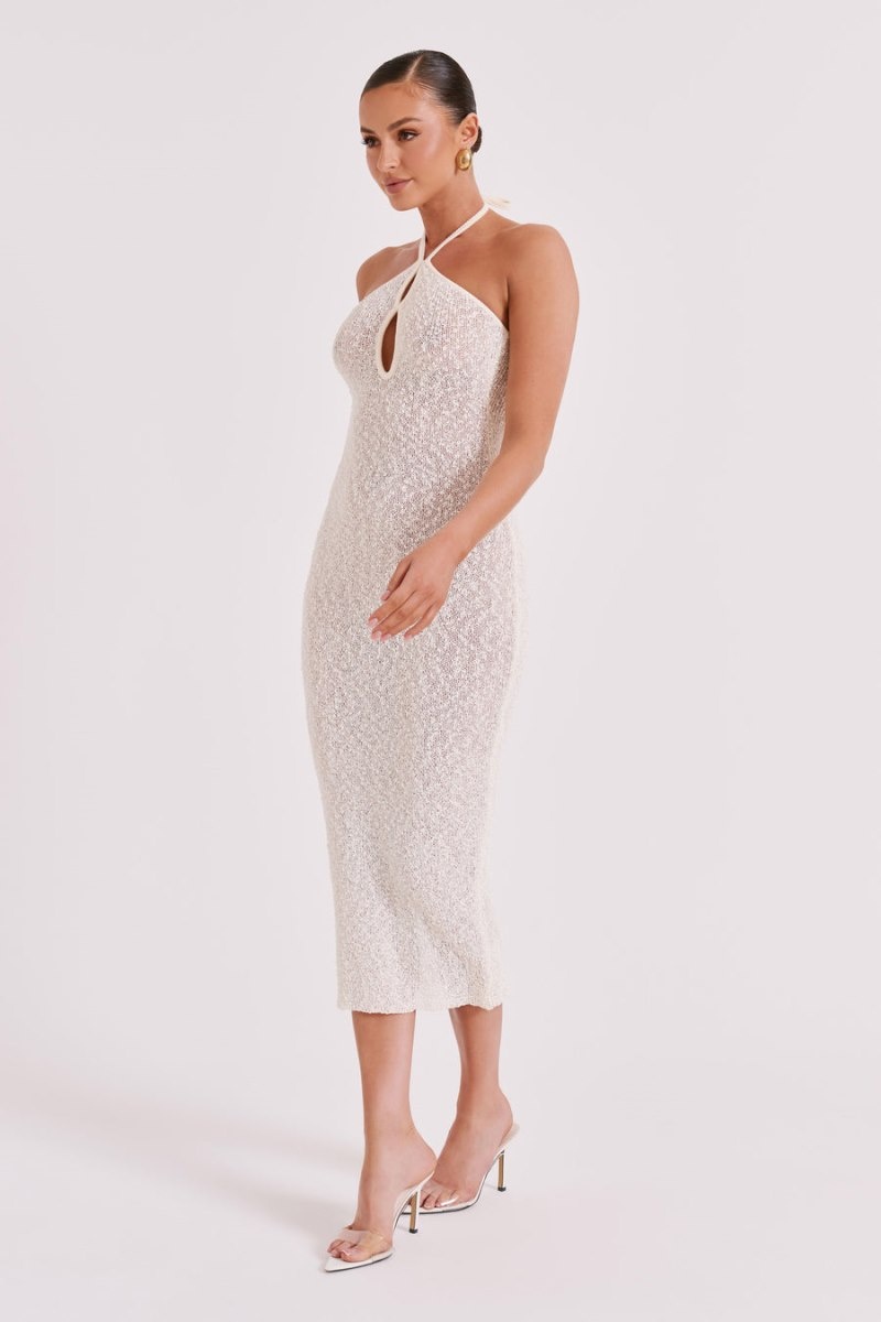 Women's Meshki Kahali Boucle Halter Midi Dress Cream Australia | L8J-5437