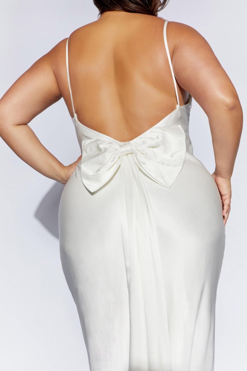 Women's Meshki Kailey Low Back Detachable Bow Train Maxi Dress White Australia | N2B-7373