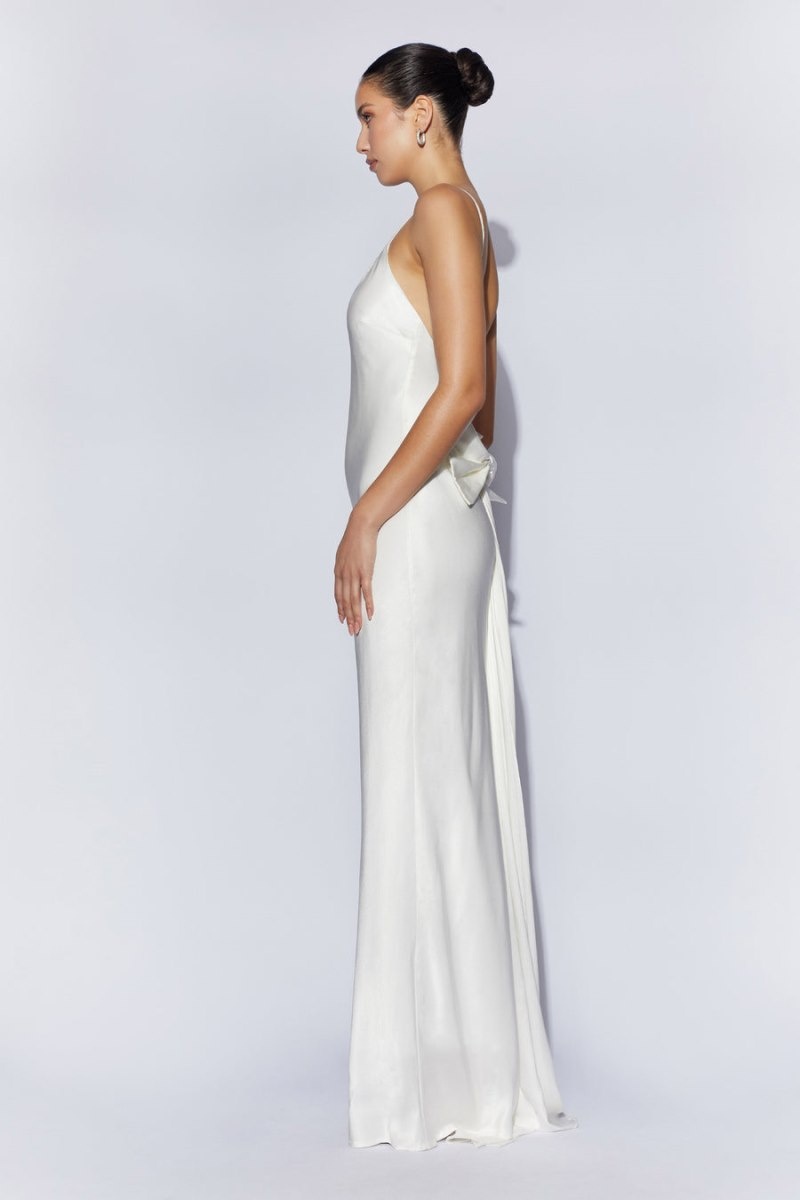 Women's Meshki Kailey Low Back Detachable Bow Train Maxi Dress White Australia | N2B-7373