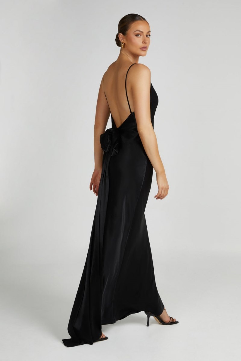 Women's Meshki Kailey Low Back Detachable Bow Train Maxi Dress Black Australia | O8I-8723