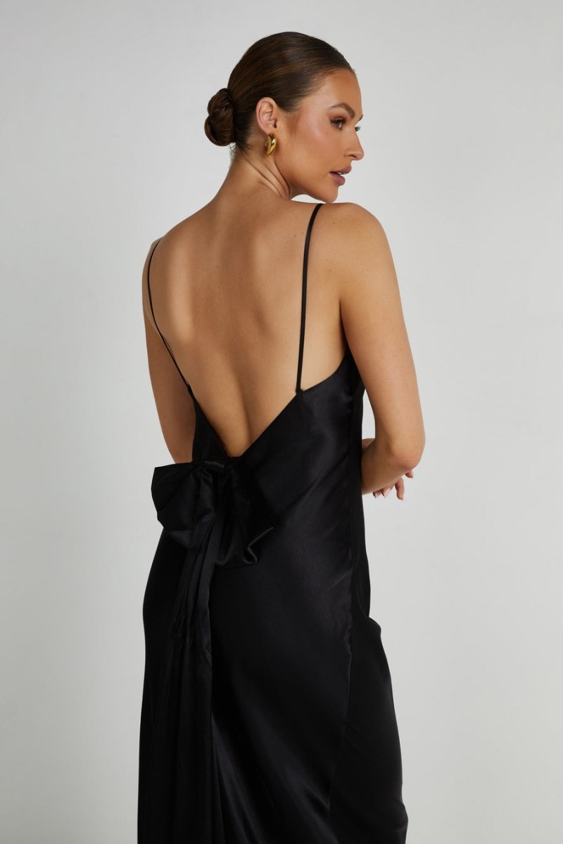 Women's Meshki Kailey Low Back Detachable Bow Train Maxi Dress Black Australia | O8I-8723