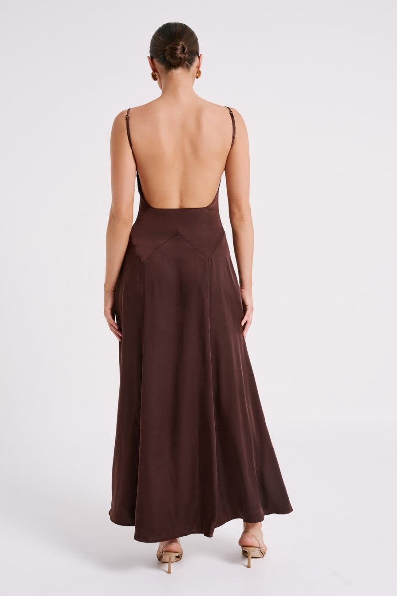 Women's Meshki Kamala Low Back Satin Maxi Dress Dark Chocolate Australia | K6N-7756