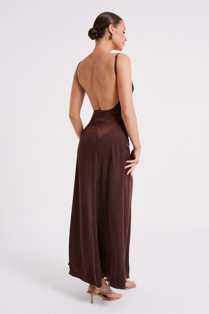 Women's Meshki Kamala Low Back Satin Maxi Dress Dark Chocolate Australia | K6N-7756