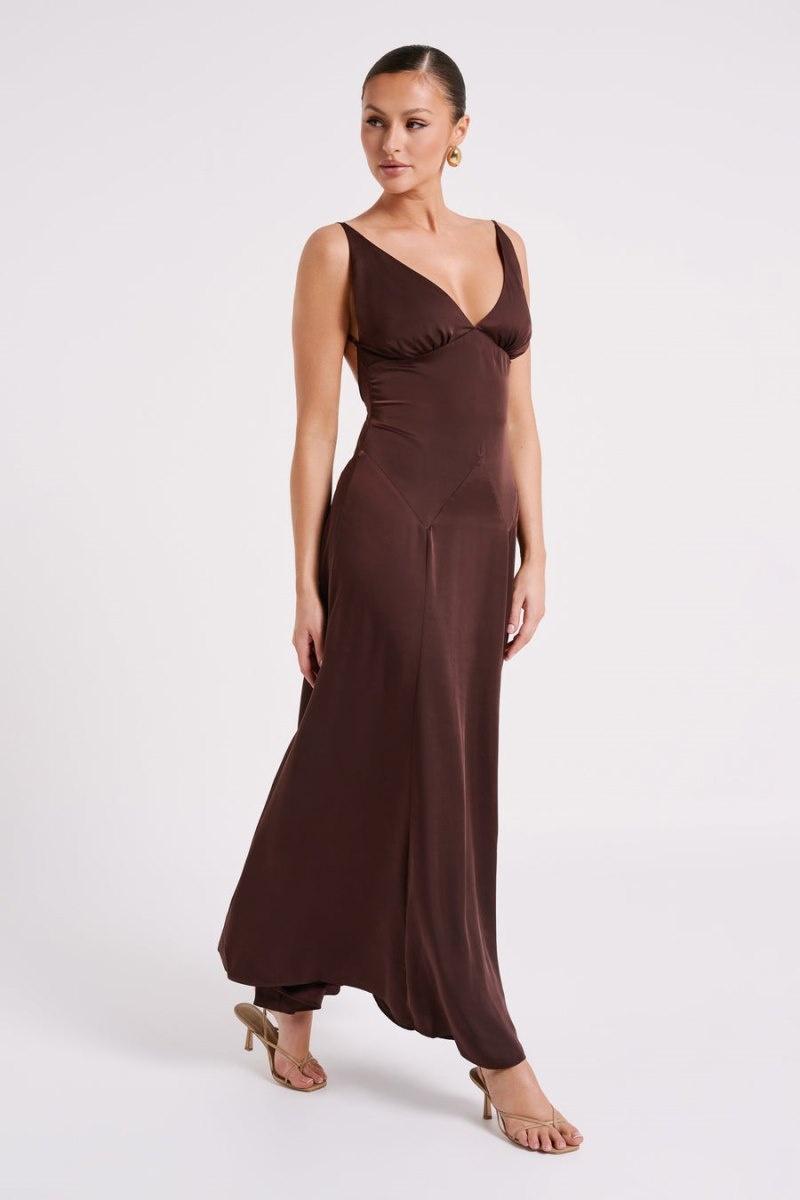 Women's Meshki Kamala Low Back Satin Maxi Dress Dark Chocolate Australia | K6N-7756