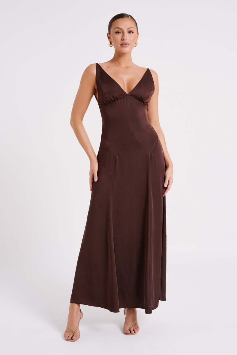 Women's Meshki Kamala Low Back Satin Maxi Dress Dark Chocolate Australia | K6N-7756