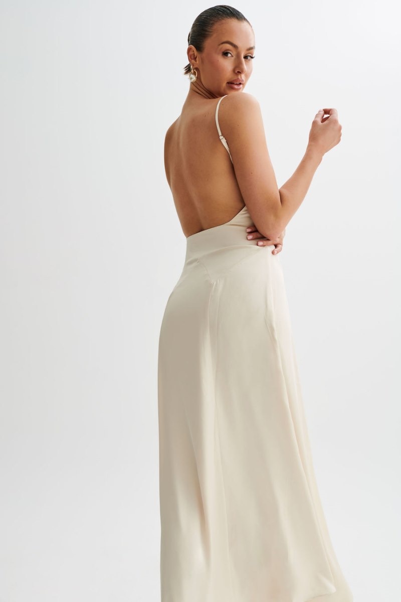 Women's Meshki Kamala Low Back Satin Maxi Dress Beige Australia | E3Z-2269