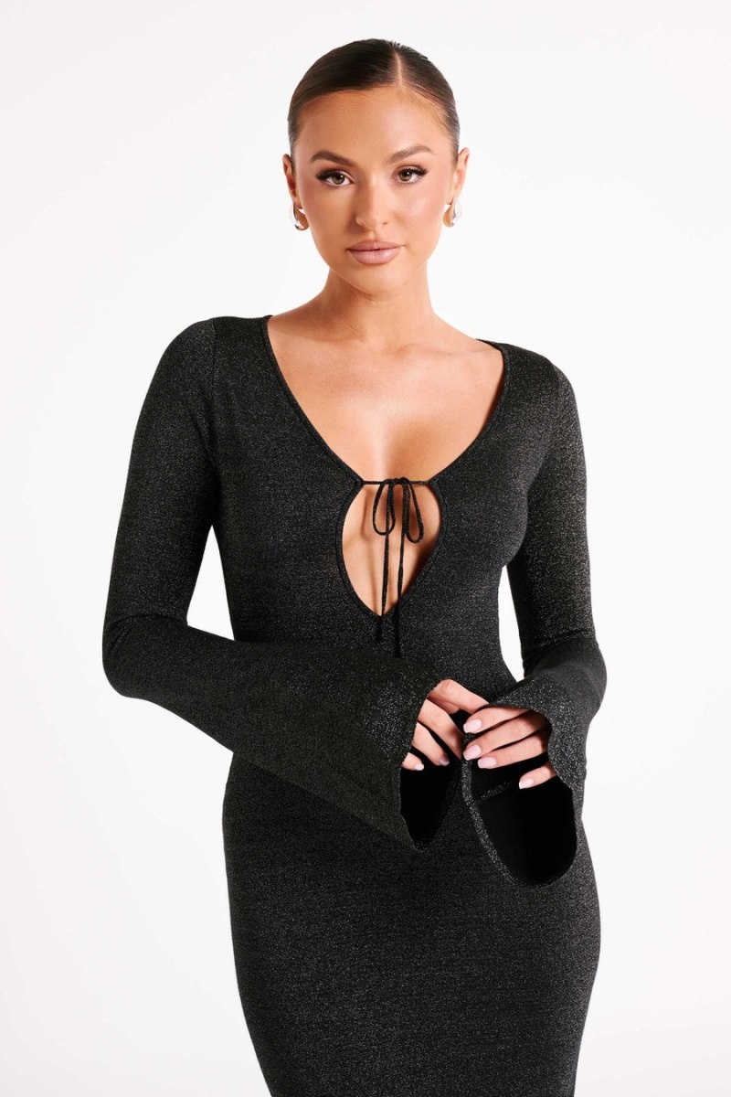 Women's Meshki Kamila Long Sleeve Midi Dress Black Australia | J9F-8709