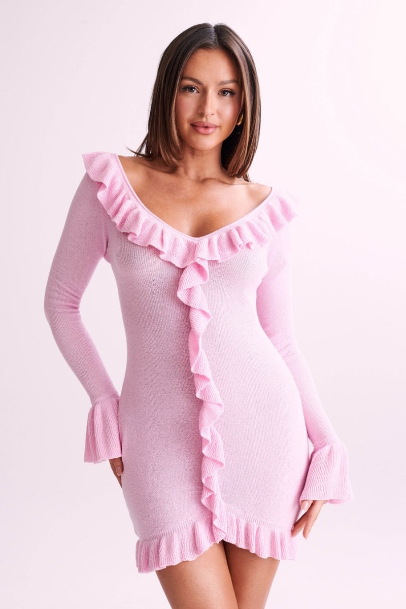 Women's Meshki Karolina Knit Frill Mini Dress Pink Australia | J8K-2576