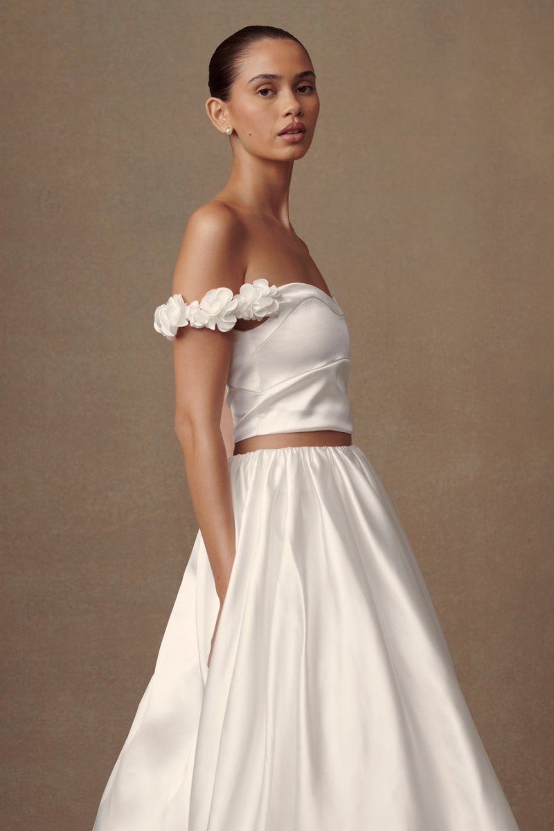 Women's Meshki Karrie Cropped Satin Rose Bodice Wedding Dress White Australia | G3N-7998