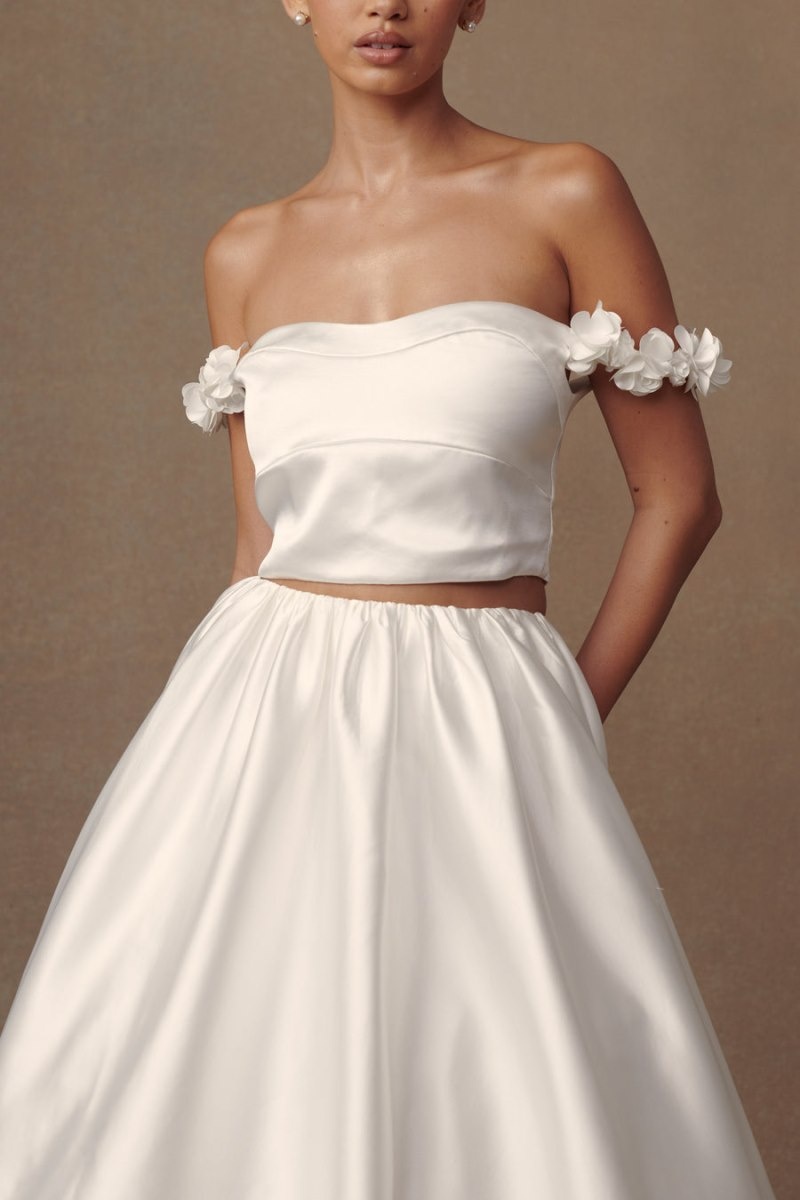 Women's Meshki Karrie Cropped Satin Rose Bodice Wedding Dress White Australia | G3N-7998