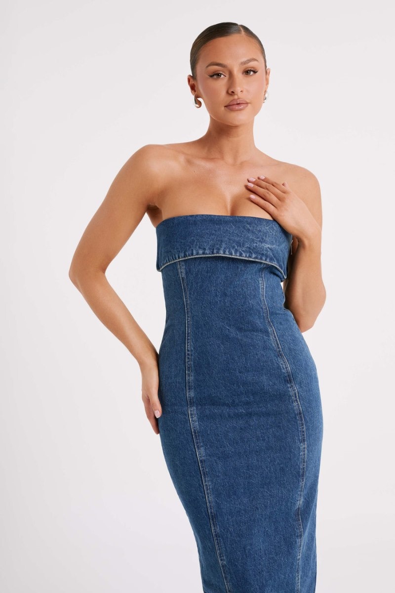 Women's Meshki Katherine Strapless Denim Midi Dress Dark Blue Australia | K9P-7927