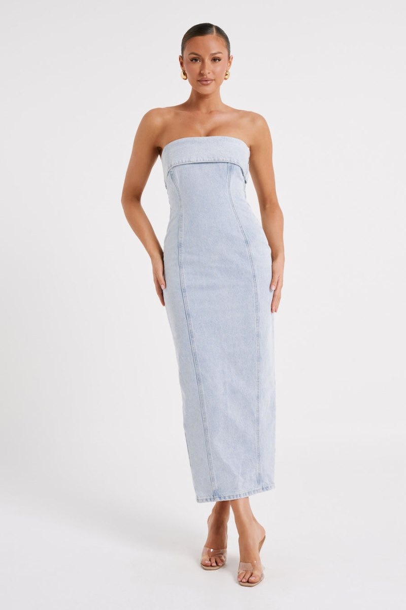 Women's Meshki Katherine Strapless Denim Midi Dress Light Blue Australia | M2I-4113