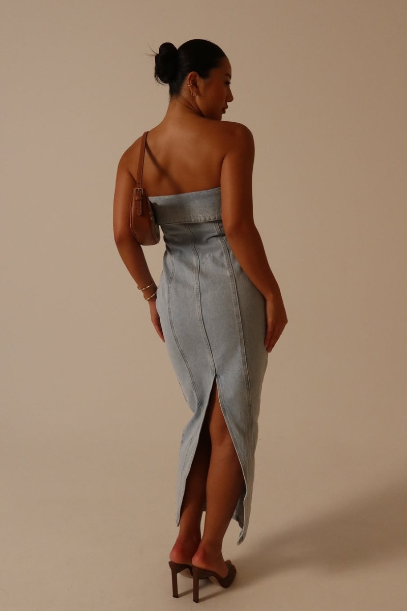 Women's Meshki Katherine Strapless Denim Midi Dress Light Blue Australia | M2I-4113