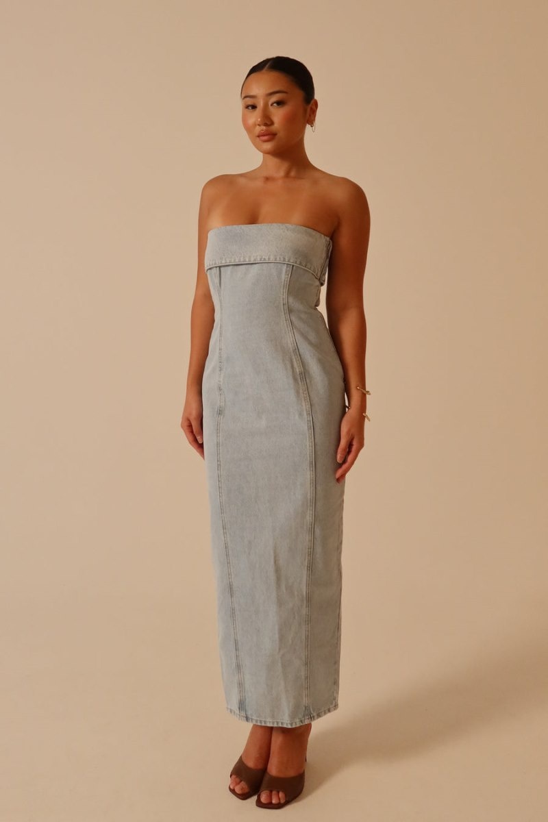 Women's Meshki Katherine Strapless Denim Midi Dress Light Blue Australia | M2I-4113