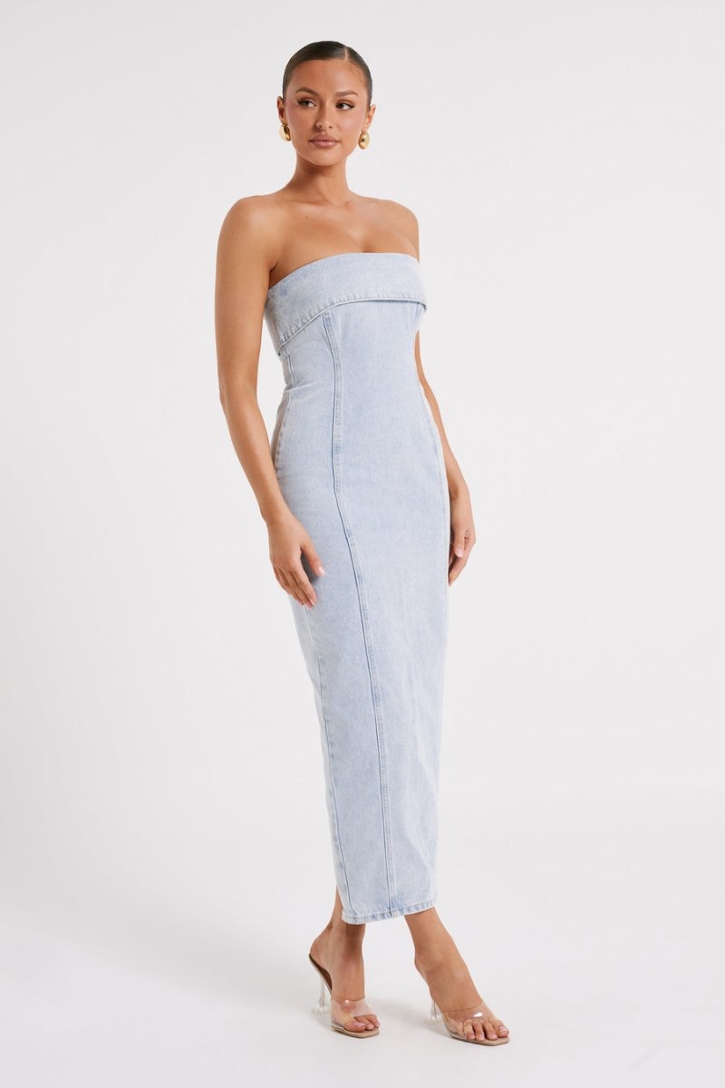 Women's Meshki Katherine Strapless Denim Midi Dress Light Blue Australia | M2I-4113