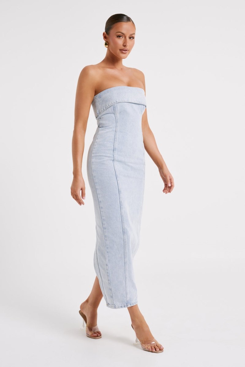 Women's Meshki Katherine Strapless Denim Midi Dress Light Blue Australia | M2I-4113