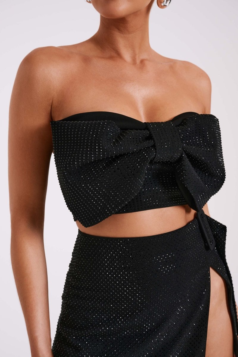 Women's Meshki Katie Diamante Bow Crop Tops Black Australia | A6C-5823