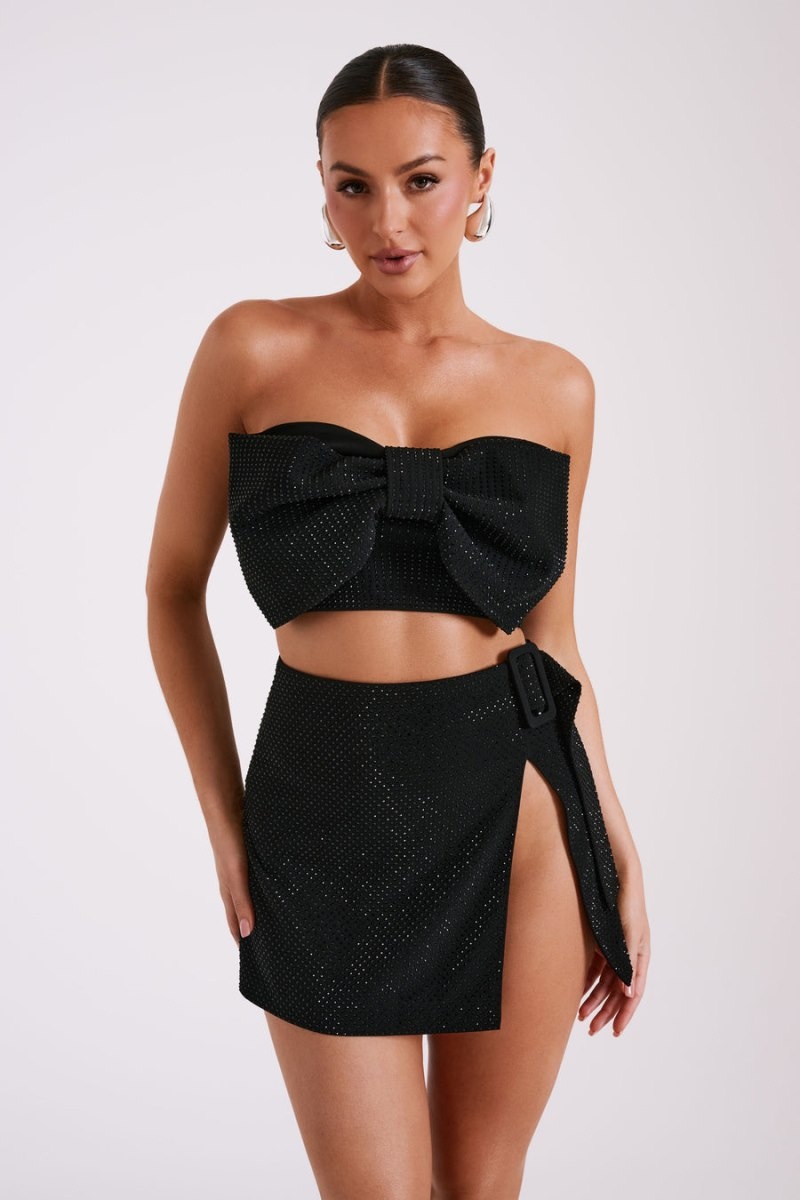 Women's Meshki Katie Diamante Bow Crop Tops Black Australia | A6C-5823