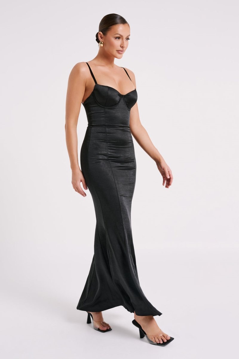 Women's Meshki Katya Cupped Satin Maxi Dress Black Australia | X1F-5883