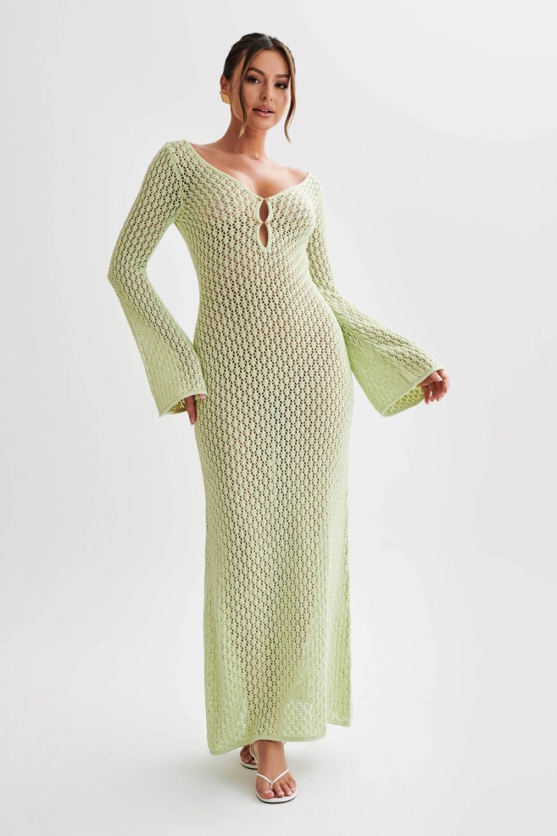 Women's Meshki Kayleigh Crochet Fishtail Flare Sleeve Maxi Dress Green Australia | V2M-5990