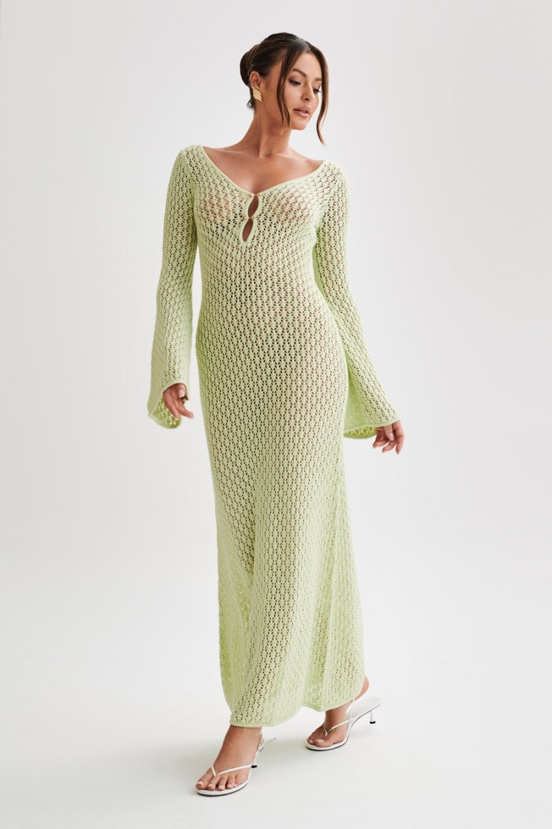 Women's Meshki Kayleigh Crochet Fishtail Flare Sleeve Maxi Dress Green Australia | V2M-5990