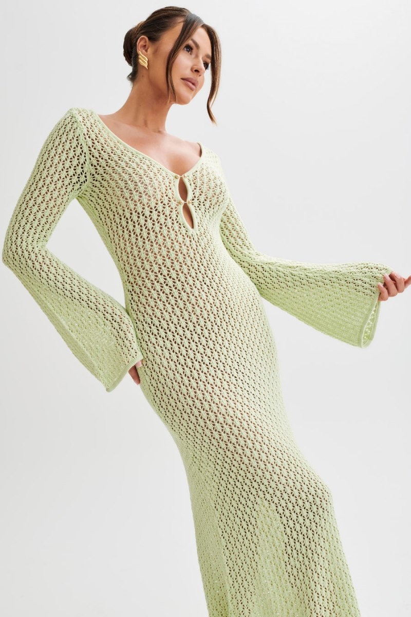 Women's Meshki Kayleigh Crochet Fishtail Flare Sleeve Maxi Dress Green Australia | V2M-5990