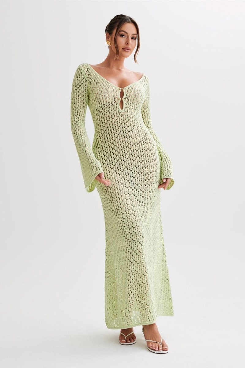 Women\'s Meshki Kayleigh Crochet Fishtail Flare Sleeve Maxi Dress Green Australia | V2M-5990