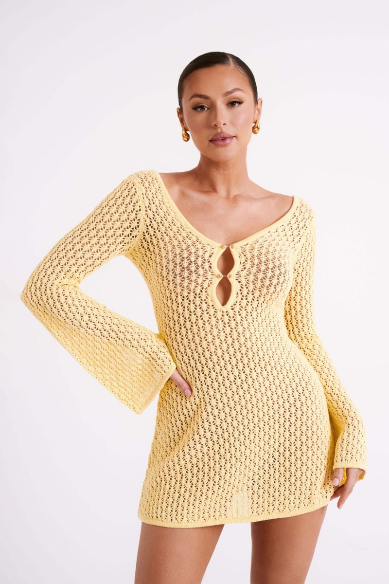 Women's Meshki Kayleigh Crochet Knit Mini Dress Lemon Australia | R9V-7787