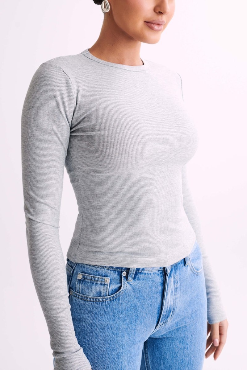 Women's Meshki Keeley Long Sleeve Rib Crop Tops Grey Australia | C0I-8360