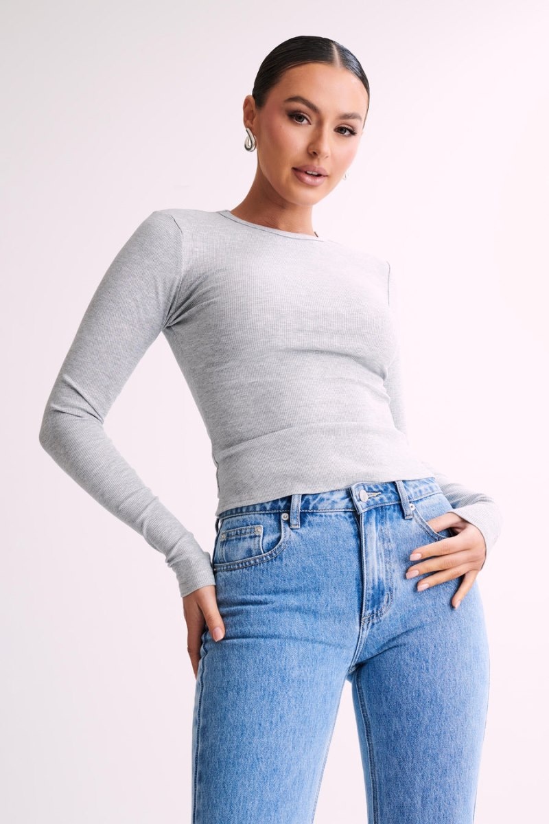 Women's Meshki Keeley Long Sleeve Rib Crop Tops Grey Australia | C0I-8360