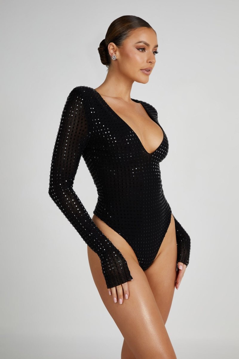 Women's Meshki Keenan Square Diamante Bodysuit Black Australia | W2U-3355