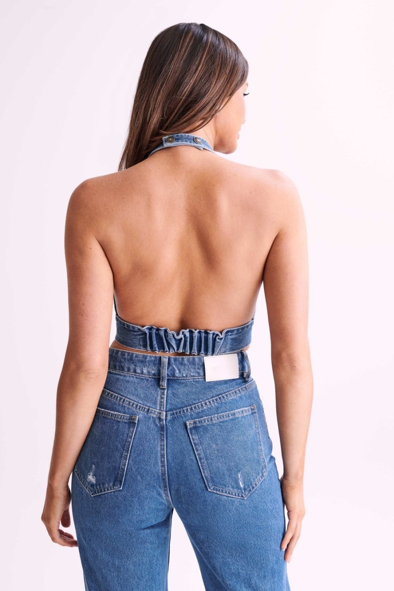 Women's Meshki Kelly-Anne Denim Halter Tops Blue Australia | L6E-8563