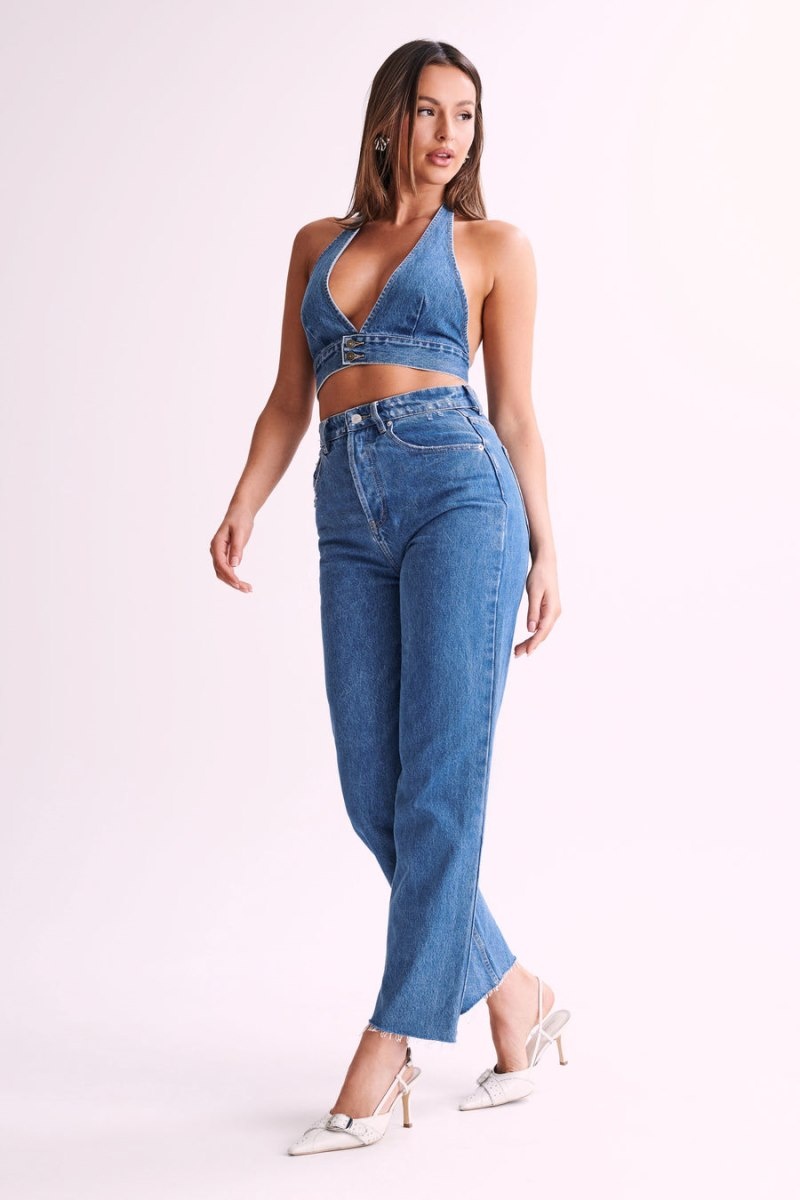 Women's Meshki Kelly-Anne Denim Halter Tops Blue Australia | L6E-8563