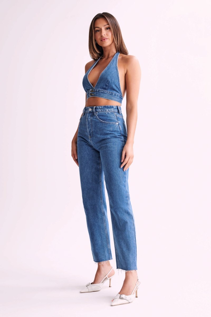 Women's Meshki Kelly-Anne Denim Halter Tops Blue Australia | L6E-8563