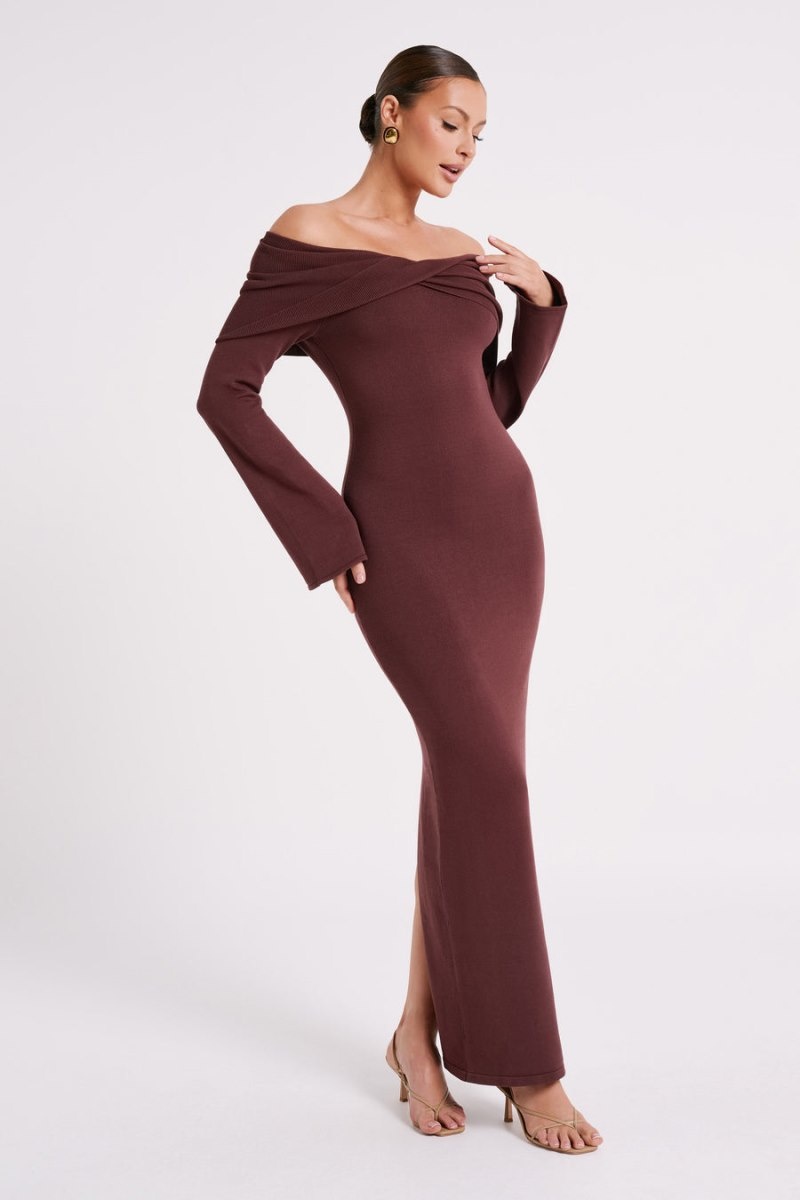 Women's Meshki Kenny Long Sleeve Knit Maxi Dress Chocolate Australia | F1L-0542