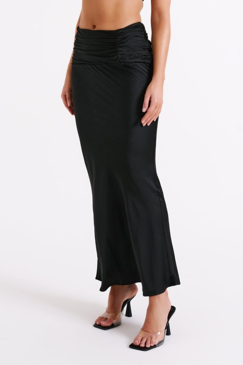 Women's Meshki Khalani Ruched Satin Maxi Skirts Black Australia | J8Q-6411