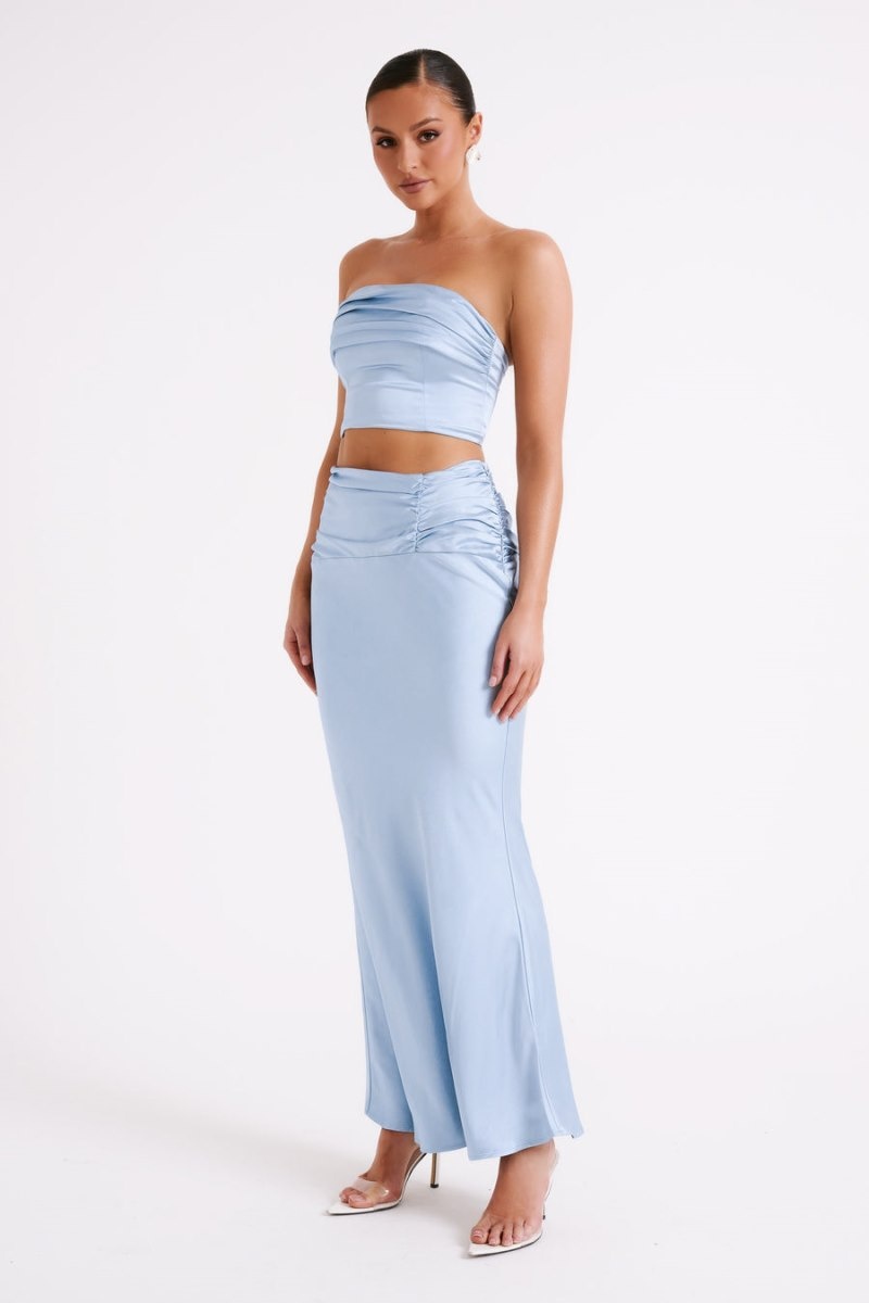 Women's Meshki Khalani Ruched Satin Maxi Skirts Blue Australia | U2F-7260