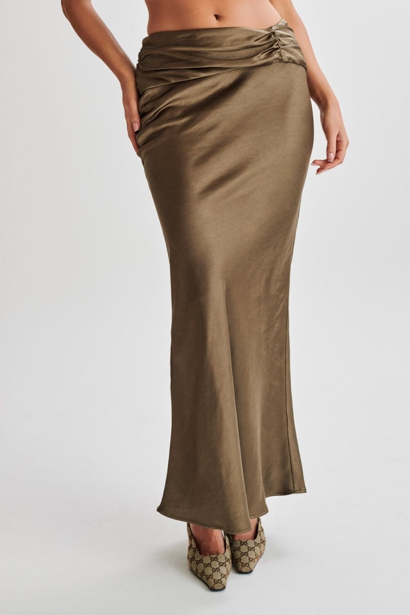 Women's Meshki Khalani Ruched Satin Maxi Skirts Khaki Australia | H4O-9979