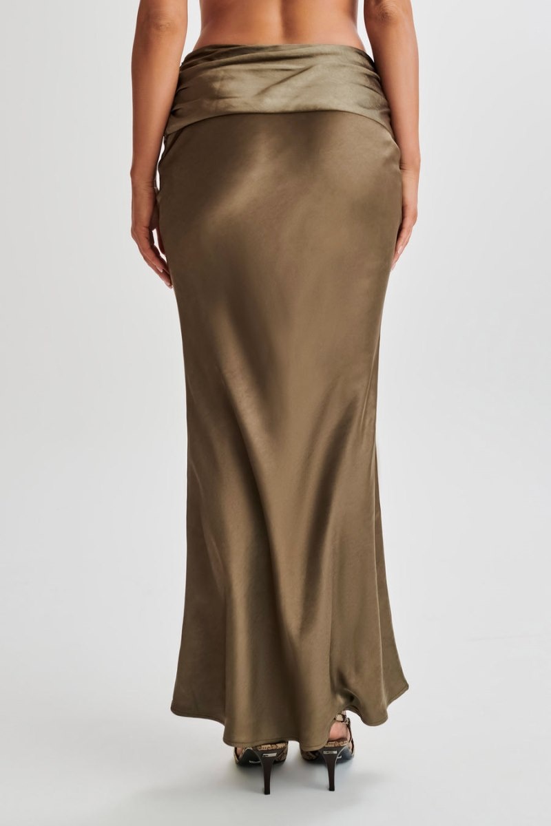 Women's Meshki Khalani Ruched Satin Maxi Skirts Khaki Australia | H4O-9979