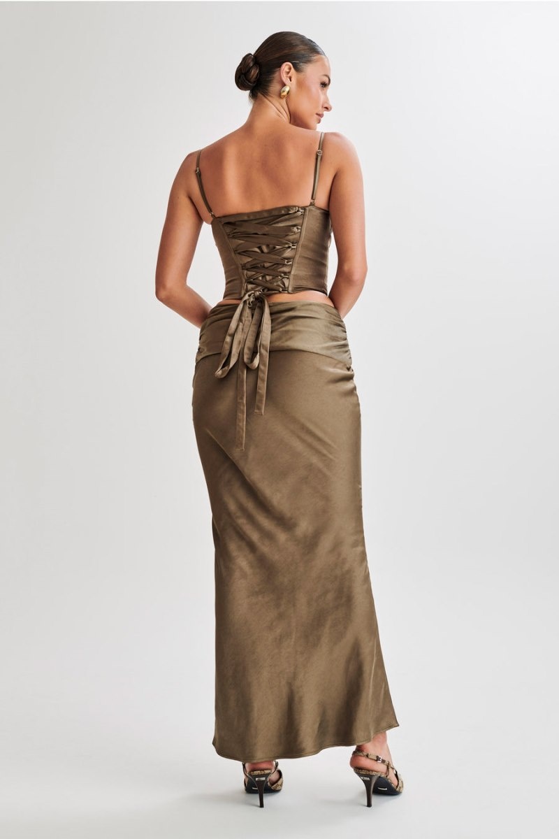 Women's Meshki Khalani Ruched Satin Maxi Skirts Khaki Australia | H4O-9979