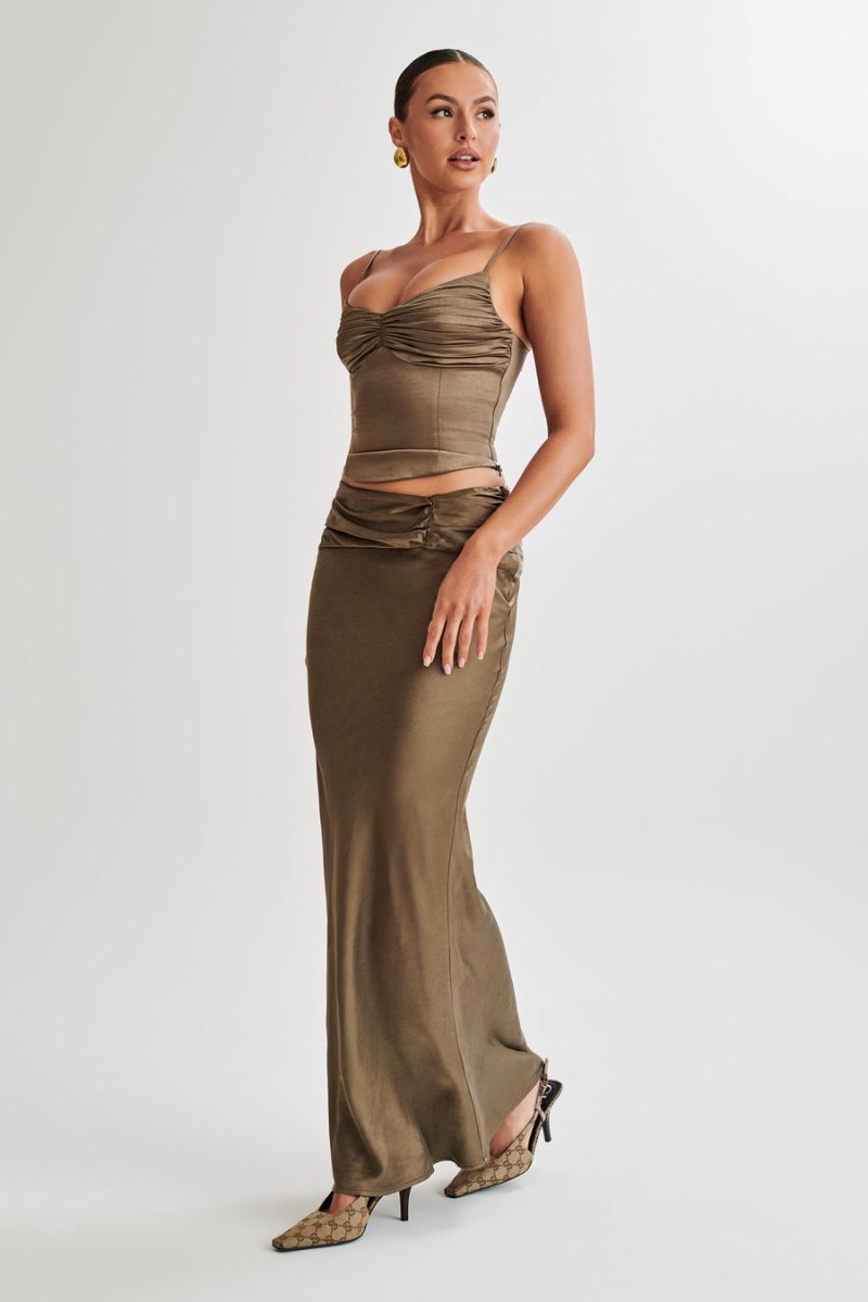 Women's Meshki Khalani Ruched Satin Maxi Skirts Khaki Australia | H4O-9979