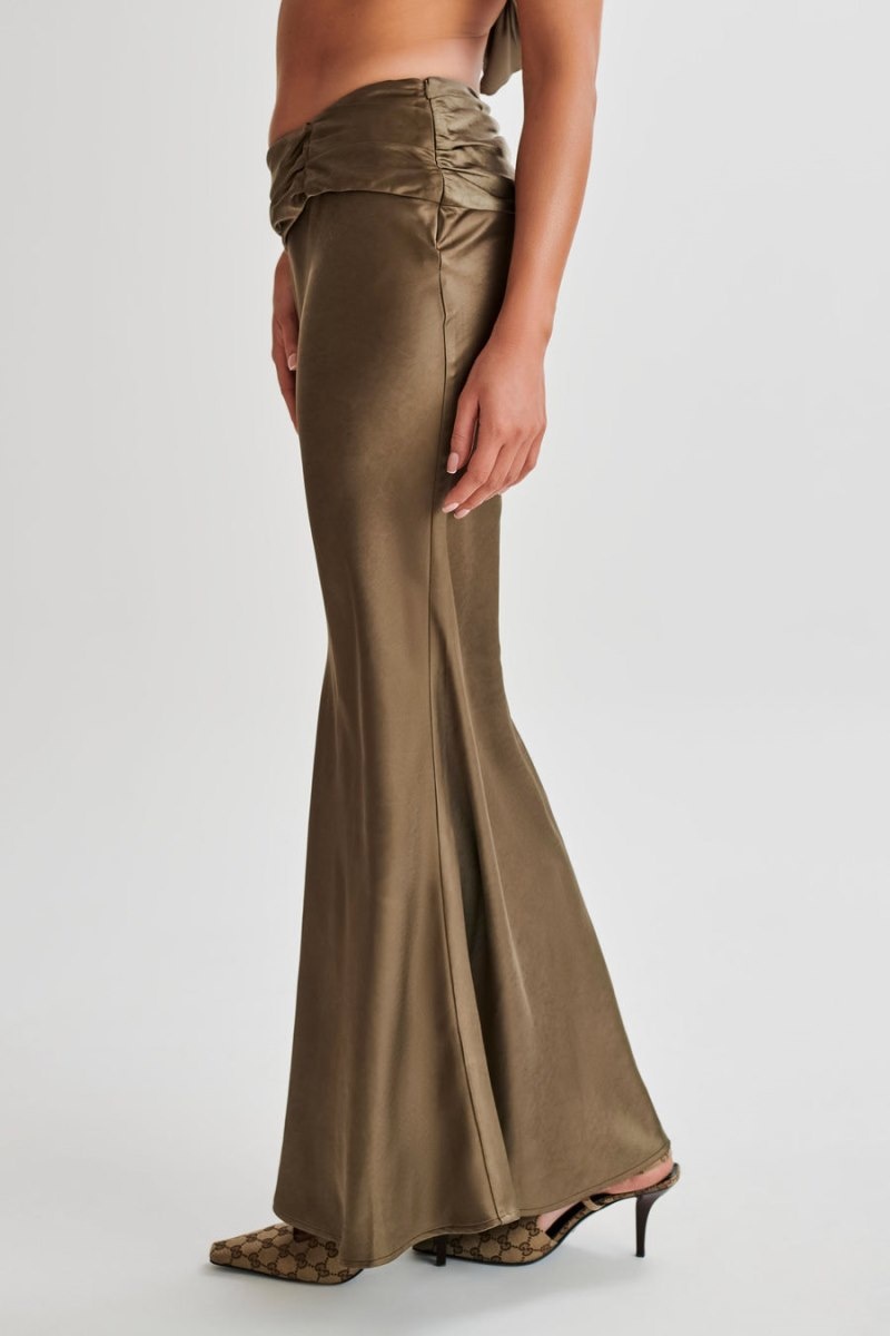 Women's Meshki Khalani Ruched Satin Maxi Skirts Khaki Australia | H4O-9979