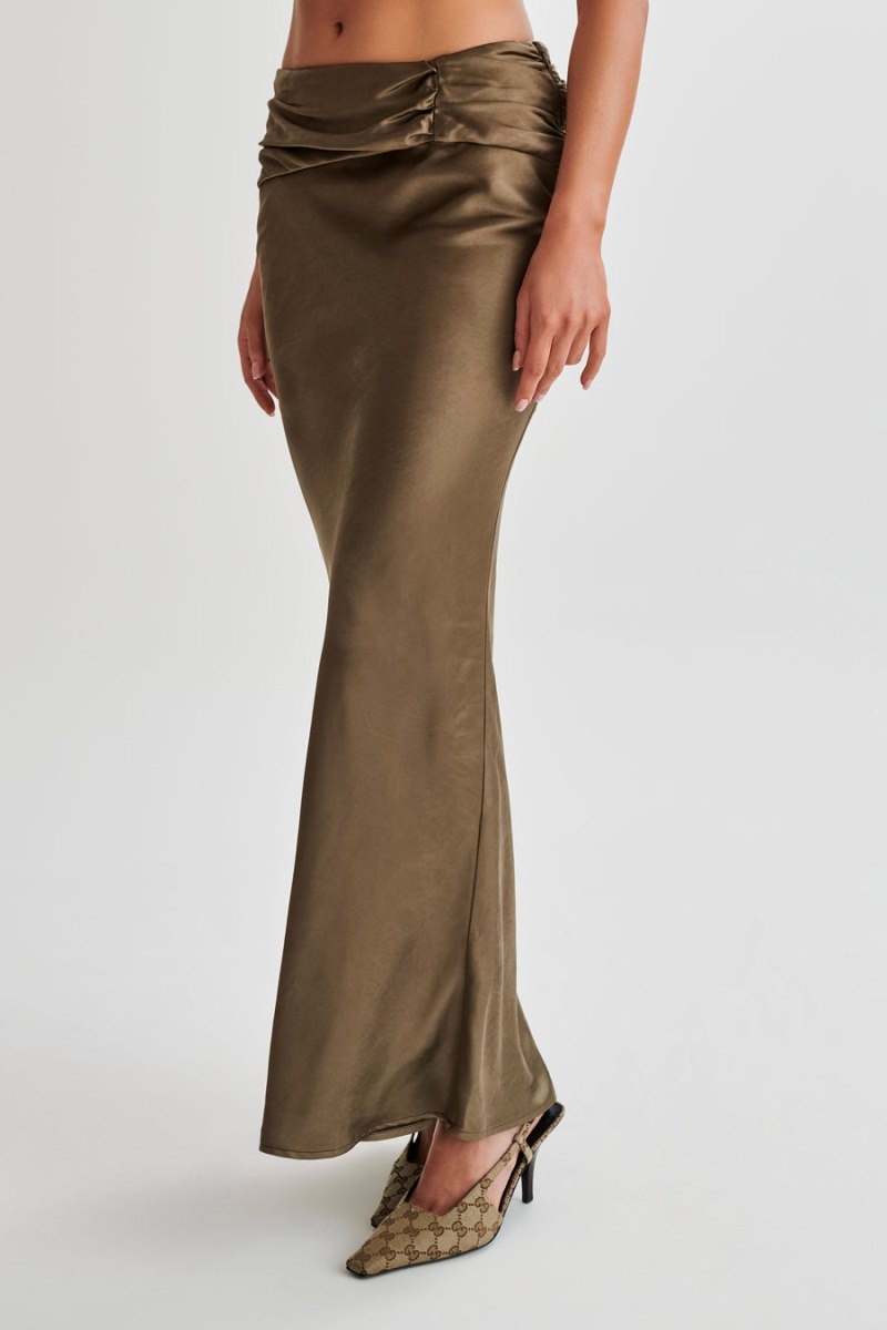 Women's Meshki Khalani Ruched Satin Maxi Skirts Khaki Australia | H4O-9979